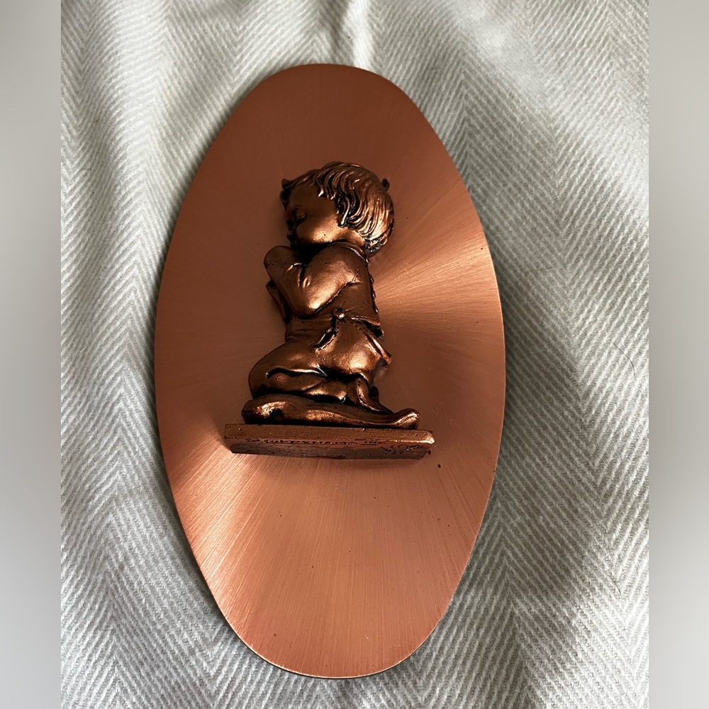 vintage Copperama 3D wall plaque praying boy art piece, signed by the artist
